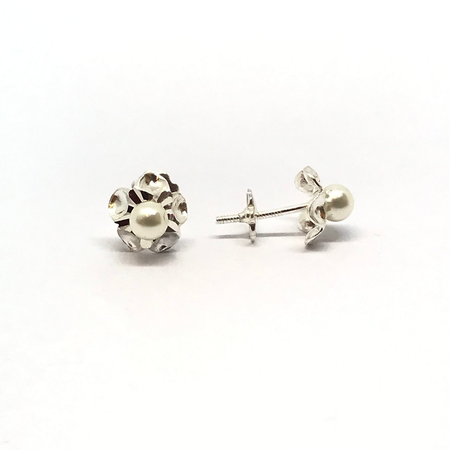 Aros flor facetada con perla y cierre tuerca
