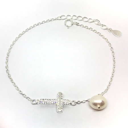 Pulsera con cruz con cubic y perla colgante