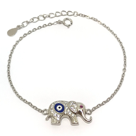 Pulsera rodhinada con elefante, con ojito con cubic y esmalte