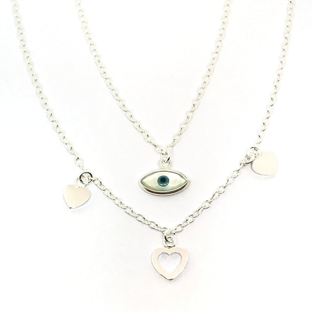 Gargantilla doble cadena con corazones colgantes y ojito en nacar