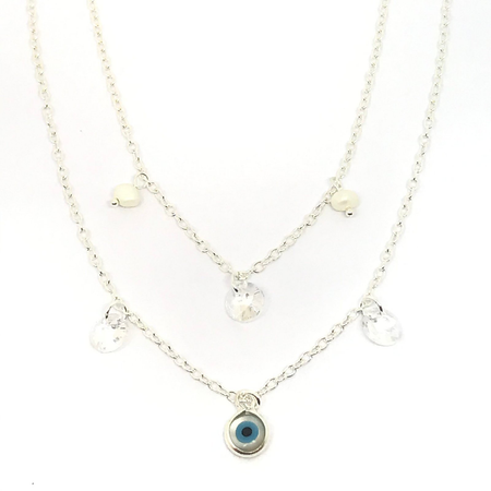 Gargantilla doble cadena con perlas, cubics y ojo en nacar colgantes